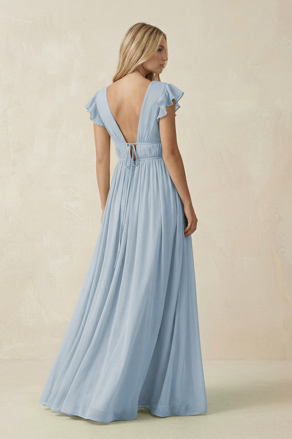 V - Neck A - Line Chiffon Cap Sleeves Bridesmaid Dress in Dusty Blue - KISS BRIDAL Bridesmaid Dresses