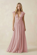 V - Neck A - Line Chiffon Cap Sleeves Bridesmaid Dress in Dusty Rose - KISS BRIDAL Bridesmaid Dresses