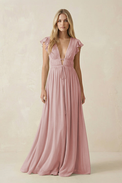 V - Neck A - Line Chiffon Cap Sleeves Bridesmaid Dress in Dusty Rose - KISS BRIDAL Bridesmaid Dresses