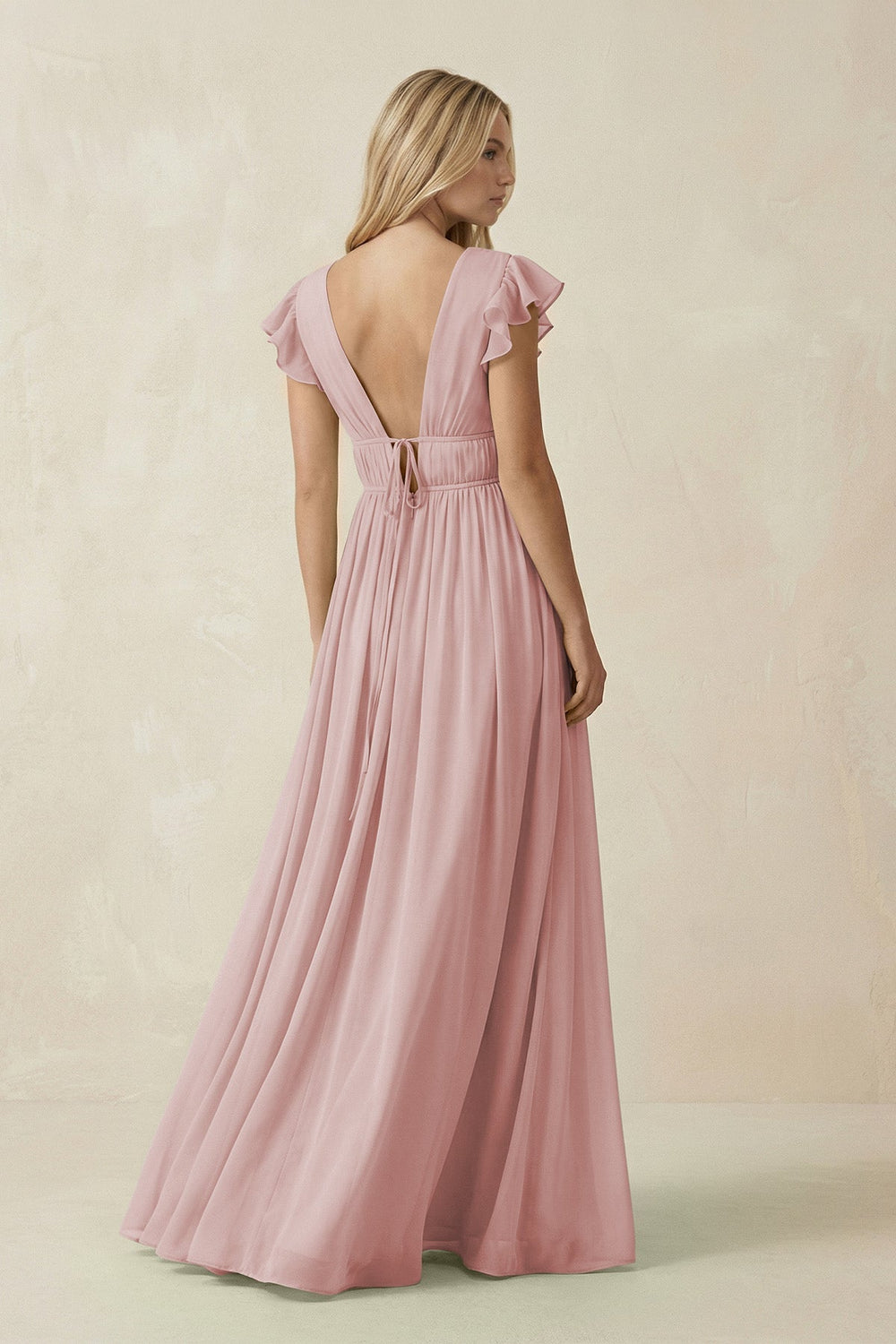 V - Neck A - Line Chiffon Cap Sleeves Bridesmaid Dress in Dusty Rose - KISS BRIDAL Bridesmaid Dresses