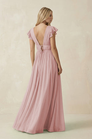 V - Neck A - Line Chiffon Cap Sleeves Bridesmaid Dress in Dusty Rose - KISS BRIDAL Bridesmaid Dresses