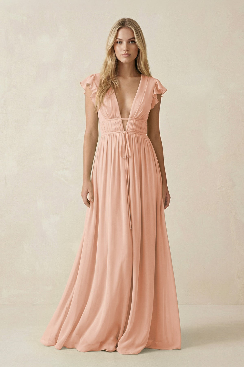 V - Neck A - Line Chiffon Cap Sleeves Bridesmaid Dress in English Rose - KISS BRIDAL Bridesmaid Dresses