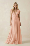 V - Neck A - Line Chiffon Cap Sleeves Bridesmaid Dress in English Rose - KISS BRIDAL Bridesmaid Dresses