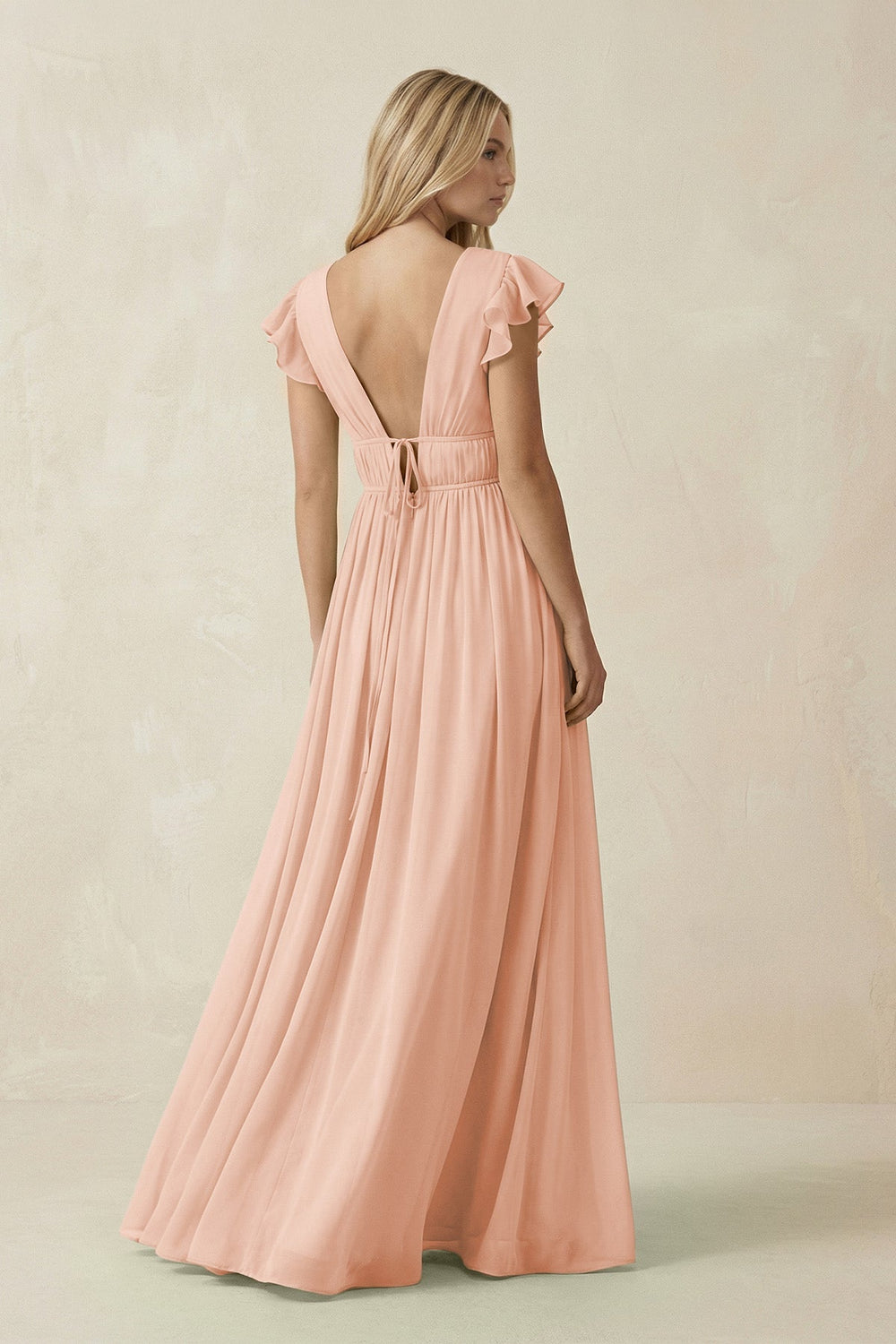 V - Neck A - Line Chiffon Cap Sleeves Bridesmaid Dress in English Rose - KISS BRIDAL Bridesmaid Dresses