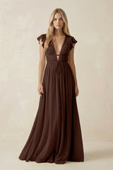 V - Neck A - Line Chiffon Cap Sleeves Bridesmaid Dress in Espresso - KISS BRIDAL Bridesmaid Dresses