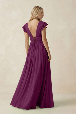 V - Neck A - Line Chiffon Cap Sleeves Bridesmaid Dress in Fig - KISS BRIDAL Bridesmaid Dresses
