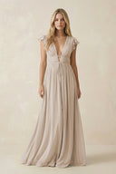 V - Neck A - Line Chiffon Cap Sleeves Bridesmaid Dress in Frost - KISS BRIDAL Bridesmaid Dresses