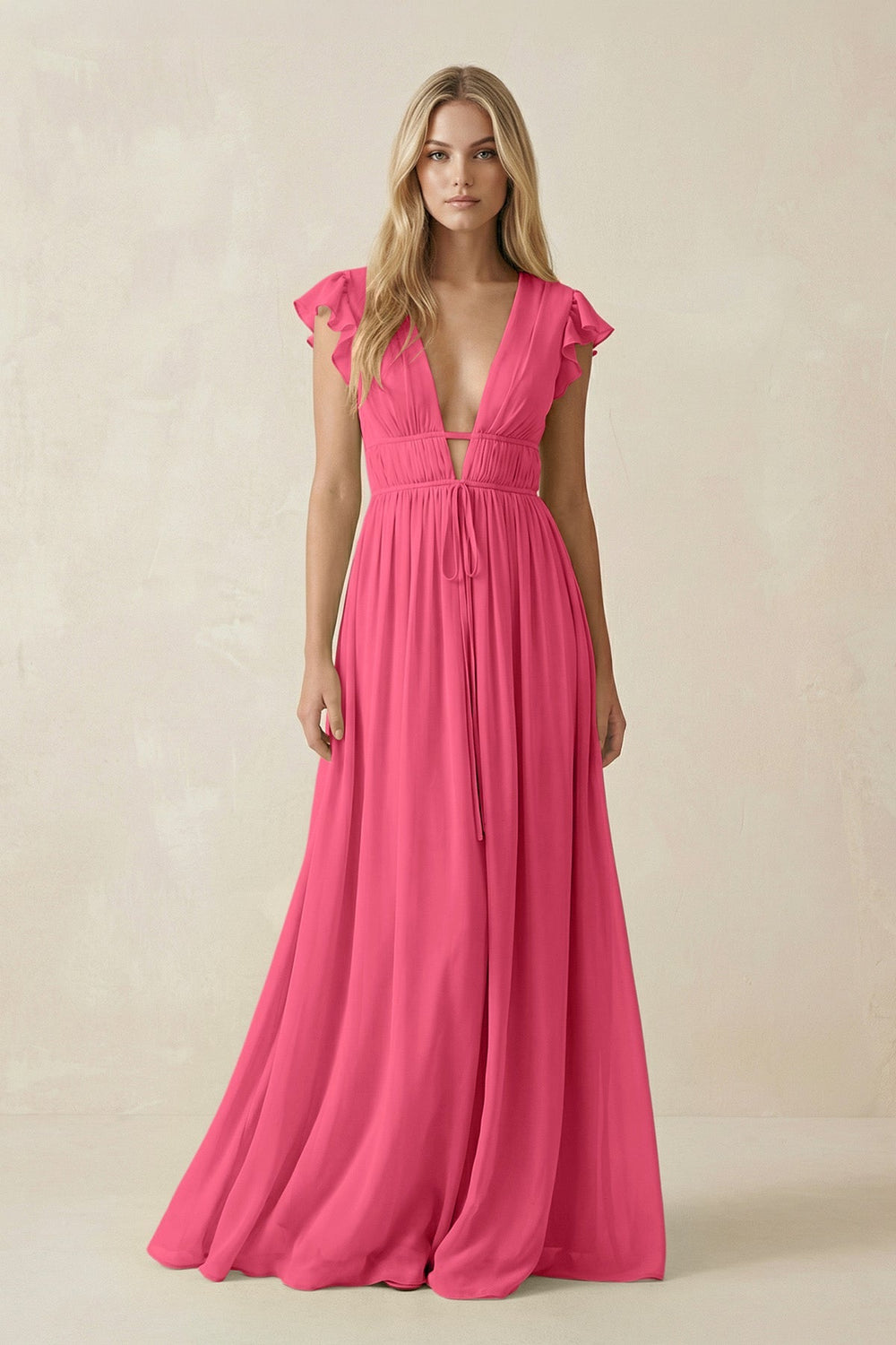 V - Neck A - Line Chiffon Cap Sleeves Bridesmaid Dress in Fuchsia - KISS BRIDAL Bridesmaid Dresses