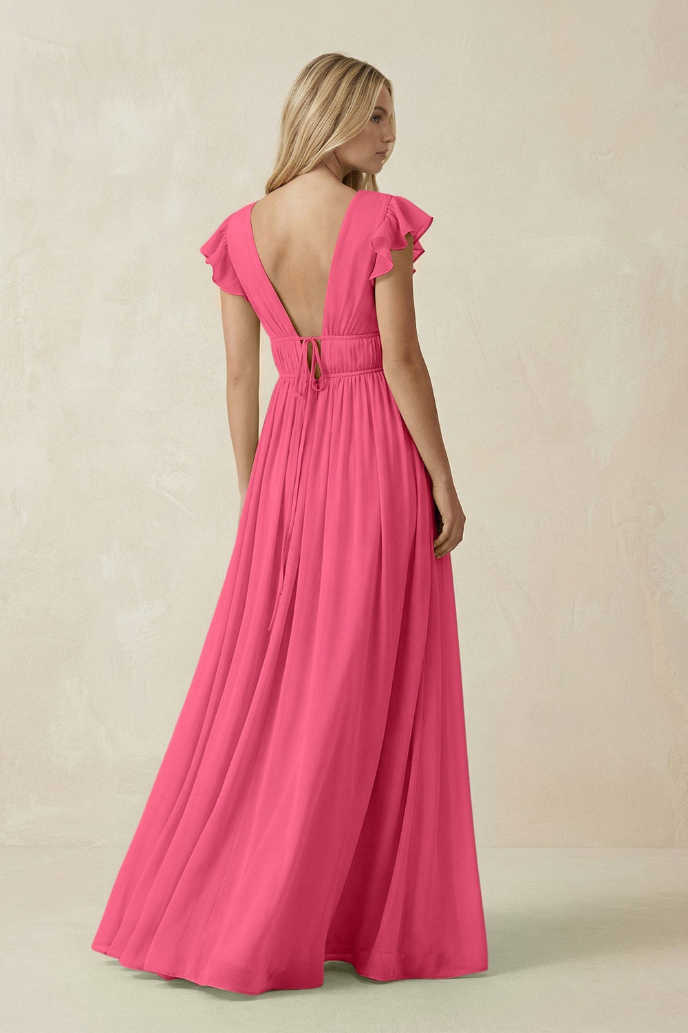 V - Neck A - Line Chiffon Cap Sleeves Bridesmaid Dress in Fuchsia - KISS BRIDAL Bridesmaid Dresses