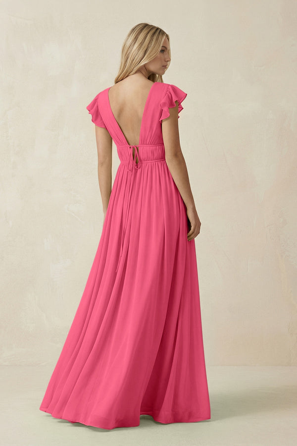 V - Neck A - Line Chiffon Cap Sleeves Bridesmaid Dress in Fuchsia - KISS BRIDAL Bridesmaid Dresses