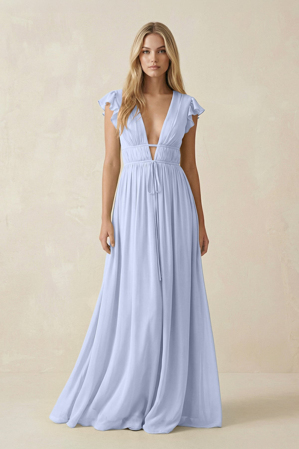 V - Neck A - Line Chiffon Cap Sleeves Bridesmaid Dress in Ice - KISS BRIDAL Bridesmaid Dresses