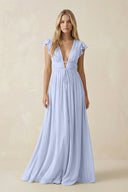 V - Neck A - Line Chiffon Cap Sleeves Bridesmaid Dress in Ice - KISS BRIDAL Bridesmaid Dresses