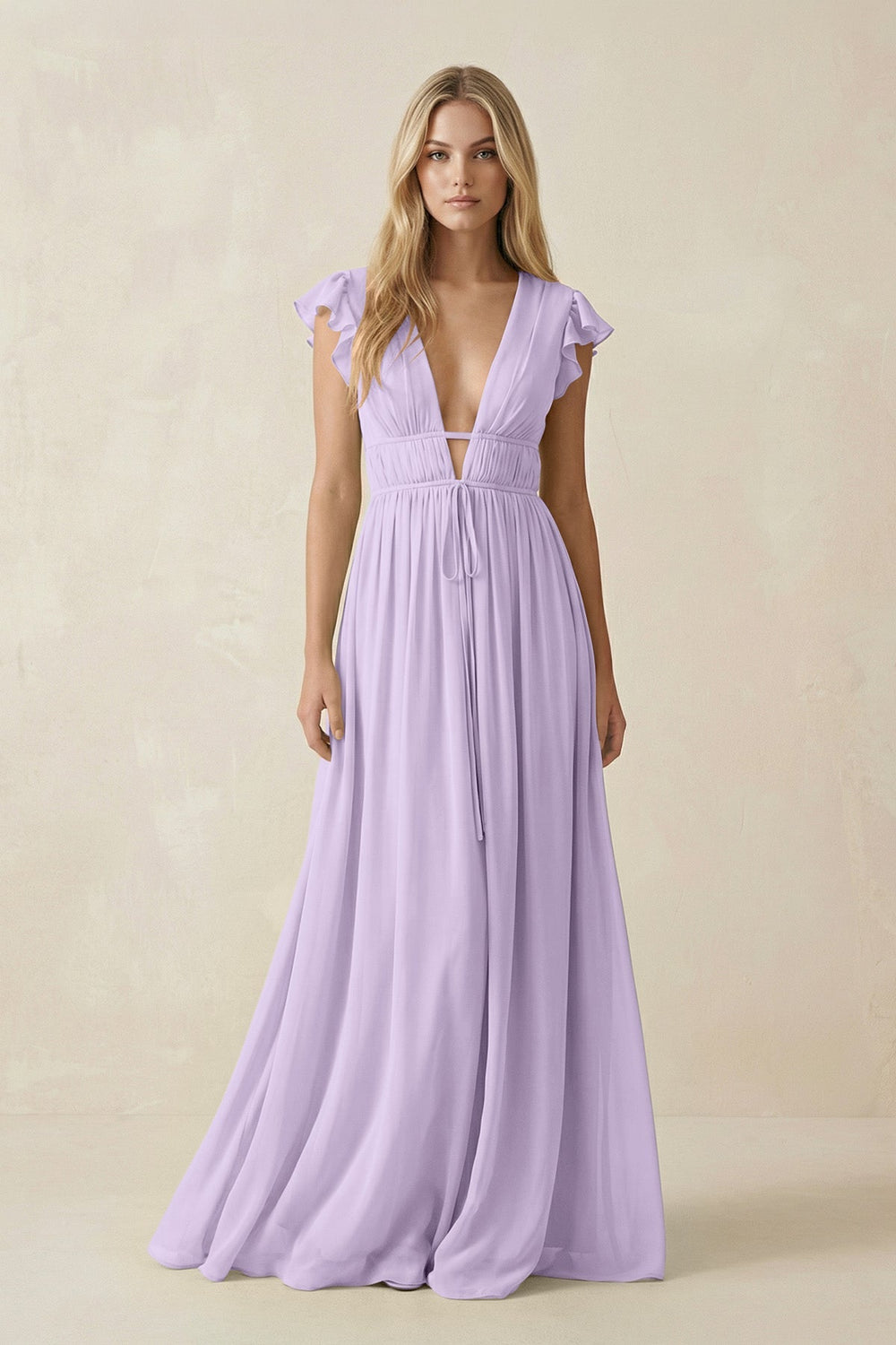 V - Neck A - Line Chiffon Cap Sleeves Bridesmaid Dress in Lavender - KISS BRIDAL Bridesmaid Dresses