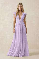 V - Neck A - Line Chiffon Cap Sleeves Bridesmaid Dress in Lavender - KISS BRIDAL Bridesmaid Dresses