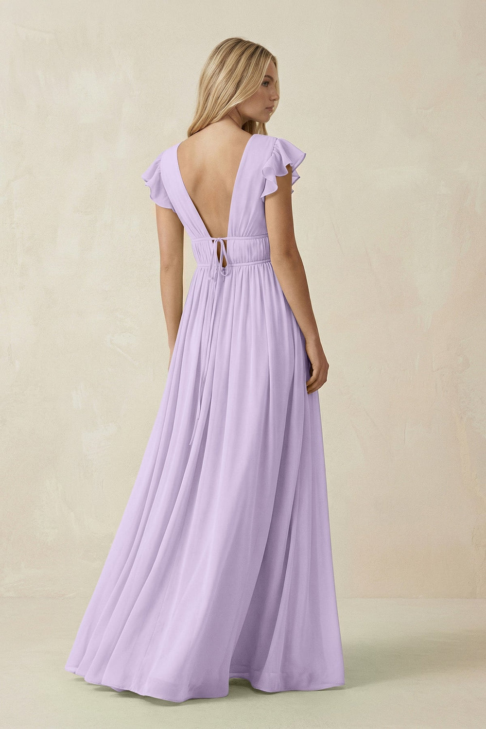 V - Neck A - Line Chiffon Cap Sleeves Bridesmaid Dress in Lavender - KISS BRIDAL Bridesmaid Dresses