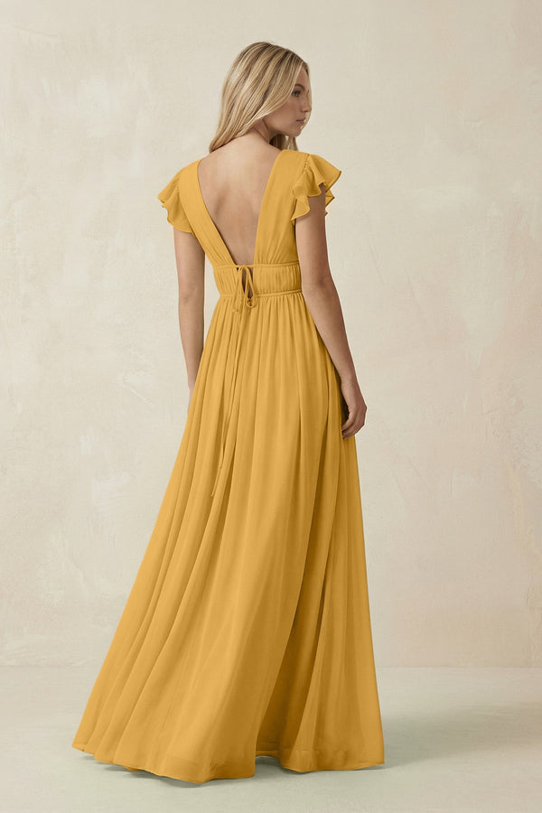 V - Neck A - Line Chiffon Cap Sleeves Bridesmaid Dress in Marigold - KISS BRIDAL Bridesmaid Dresses