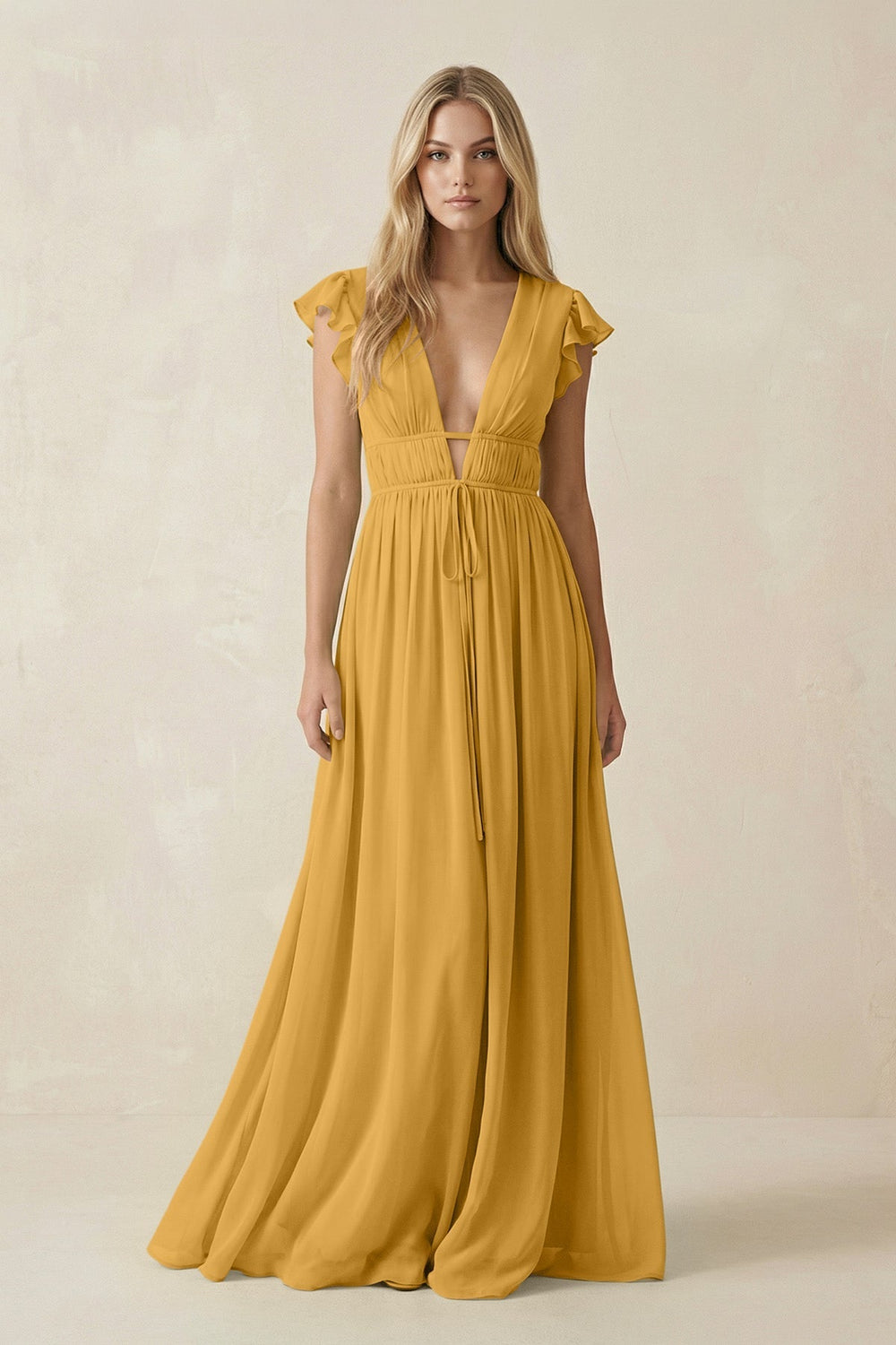 V - Neck A - Line Chiffon Cap Sleeves Bridesmaid Dress in Marigold - KISS BRIDAL Bridesmaid Dresses