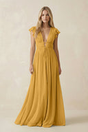 V - Neck A - Line Chiffon Cap Sleeves Bridesmaid Dress in Marigold - KISS BRIDAL Bridesmaid Dresses