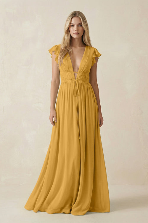 V - Neck A - Line Chiffon Cap Sleeves Bridesmaid Dress in Marigold - KISS BRIDAL Bridesmaid Dresses