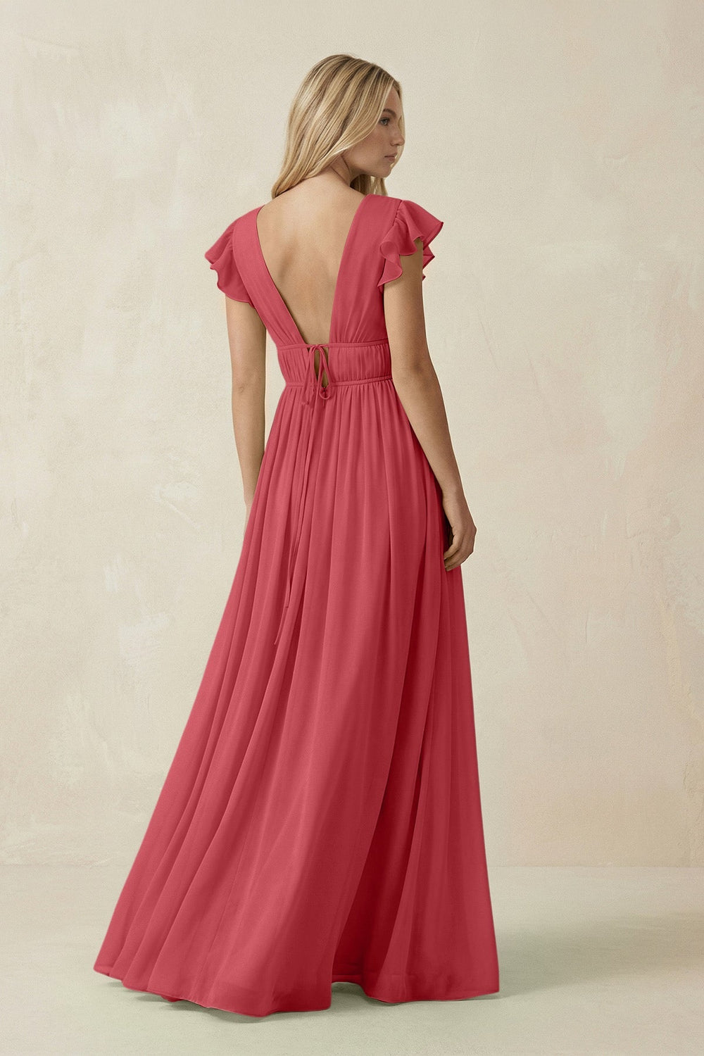 V - Neck A - Line Chiffon Cap Sleeves Bridesmaid Dress in Merlot - KISS BRIDAL Bridesmaid Dresses