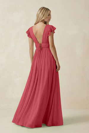 V - Neck A - Line Chiffon Cap Sleeves Bridesmaid Dress in Merlot - KISS BRIDAL Bridesmaid Dresses