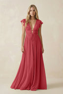 V - Neck A - Line Chiffon Cap Sleeves Bridesmaid Dress in Merlot - KISS BRIDAL Bridesmaid Dresses