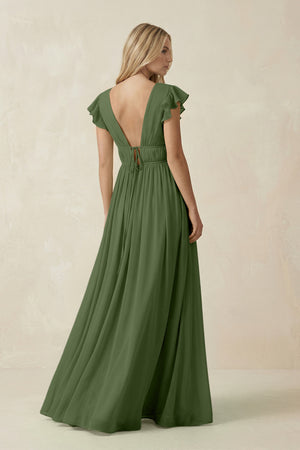 V-Neck A-Line Chiffon Cap Sleeves Bridesmaid Dress in Moss (2) | KISSBRIDAL