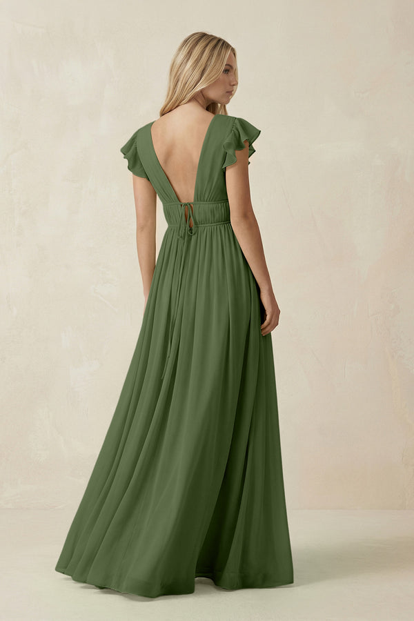 V-Neck A-Line Chiffon Cap Sleeves Bridesmaid Dress in Moss (2) | KISSBRIDAL