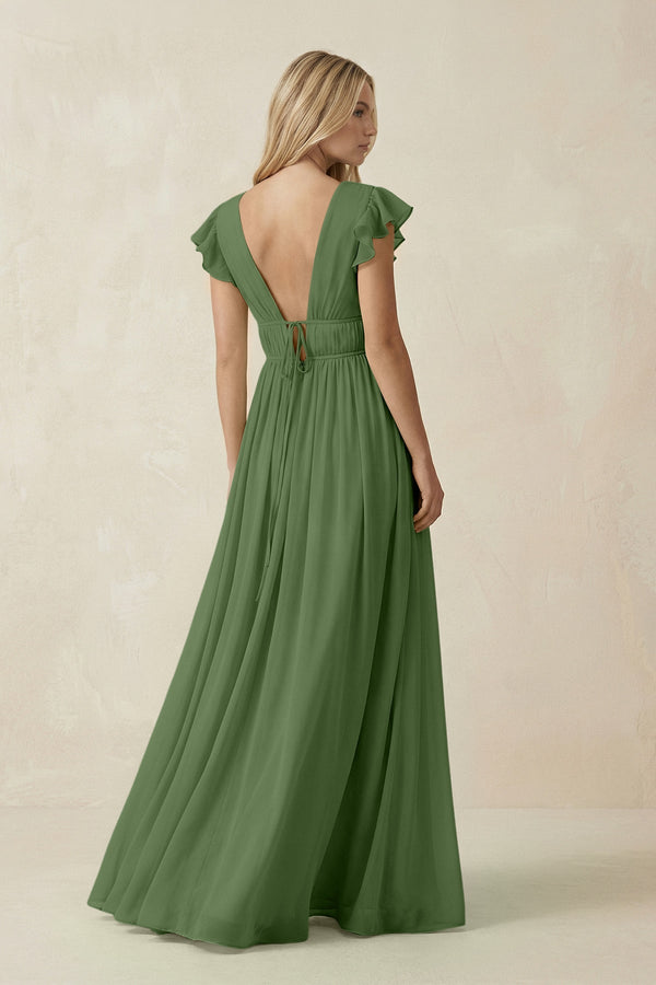 V - Neck A - Line Chiffon Cap Sleeves Bridesmaid Dress in Moss - KISS BRIDAL Bridesmaid Dresses