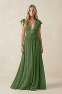 V - Neck A - Line Chiffon Cap Sleeves Bridesmaid Dress in Moss - KISS BRIDAL Bridesmaid Dresses