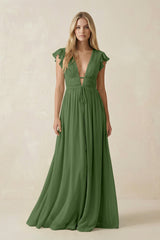 V - Neck A - Line Chiffon Cap Sleeves Bridesmaid Dress in Moss - KISS BRIDAL Bridesmaid Dresses