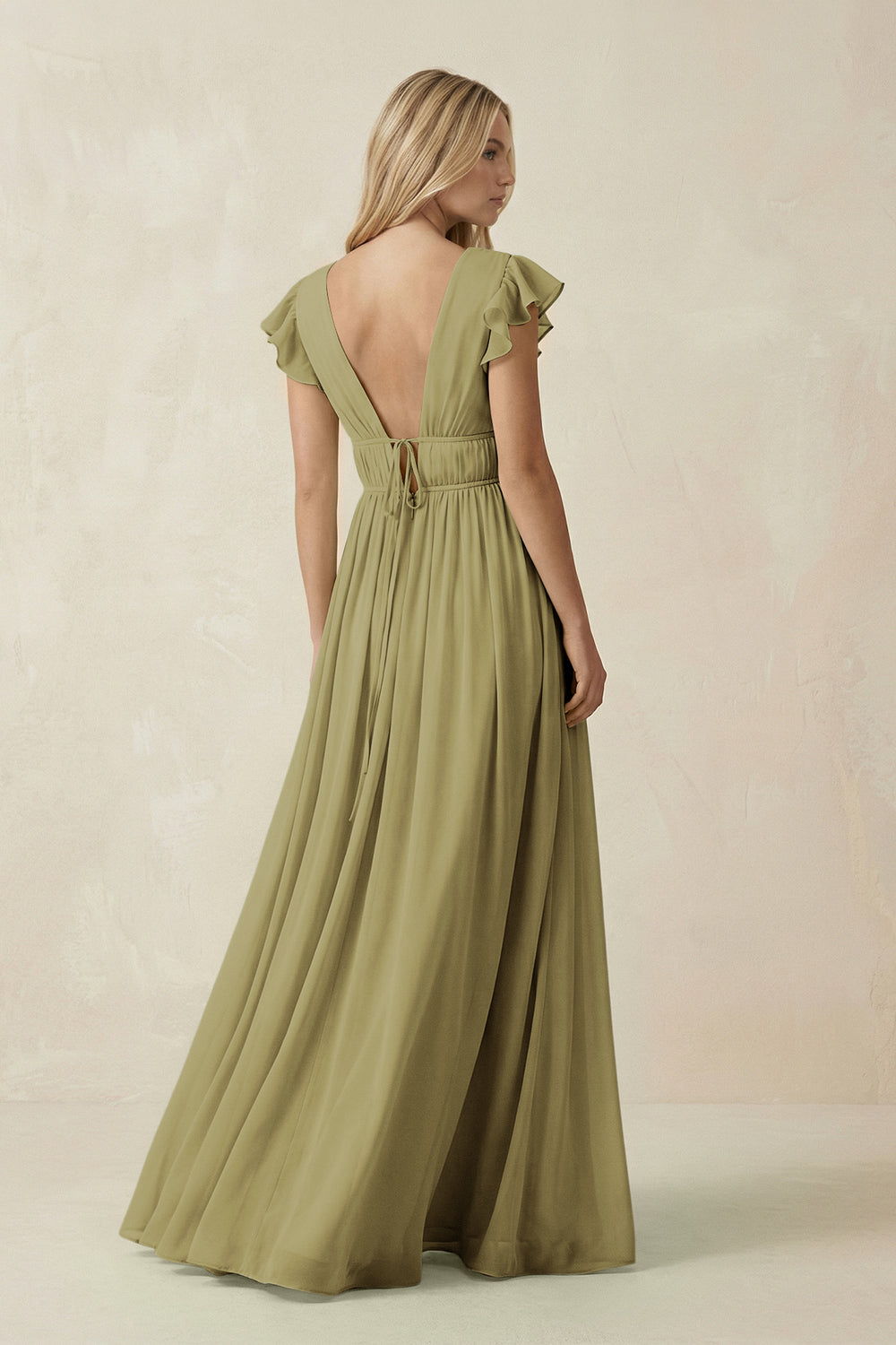 V-Neck A-Line Chiffon Cap Sleeves Bridesmaid Dress in Moss Green
