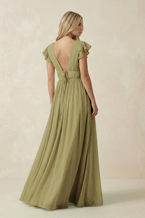 V-Neck A-Line Chiffon Cap Sleeves Bridesmaid Dress in Moss Green (2) | KISSBRIDAL