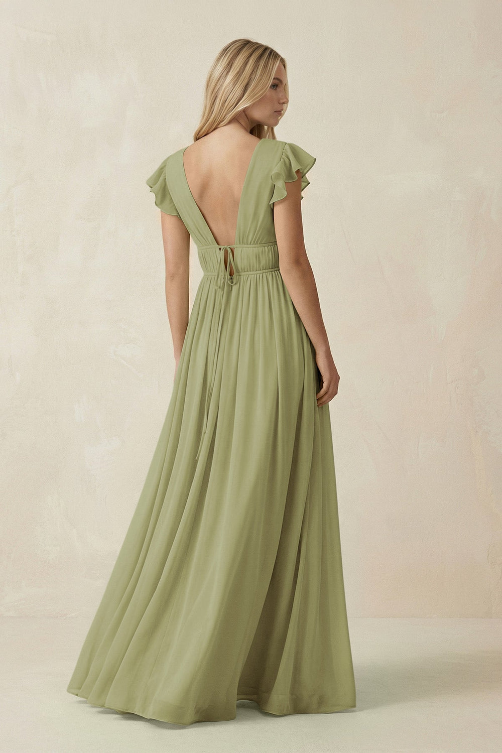 V - Neck A - Line Chiffon Cap Sleeves Bridesmaid Dress in Moss Green - SHE IS ME Bridesmaid Dresses