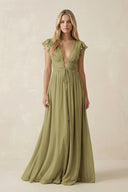 V-Neck A-Line Chiffon Cap Sleeves Bridesmaid Dress in Moss Green | KISSBRIDAL