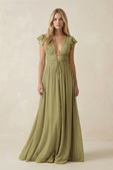 V-Neck A-Line Chiffon Cap Sleeves Bridesmaid Dress in Moss Green | KISSBRIDAL