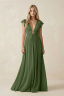 V-Neck A-Line Chiffon Cap Sleeves Bridesmaid Dress in Moss | KISSBRIDAL