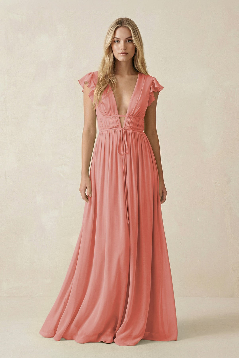 V - Neck A - Line Chiffon Cap Sleeves Bridesmaid Dress in Mulberry - KISS BRIDAL Bridesmaid Dresses