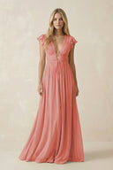 V - Neck A - Line Chiffon Cap Sleeves Bridesmaid Dress in Mulberry - KISS BRIDAL Bridesmaid Dresses