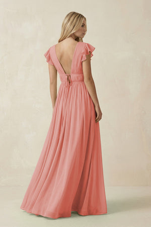 V - Neck A - Line Chiffon Cap Sleeves Bridesmaid Dress in Mulberry - KISS BRIDAL Bridesmaid Dresses