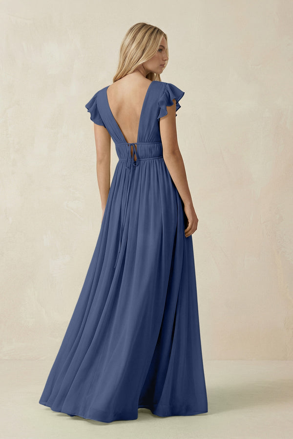 V - Neck A - Line Chiffon Cap Sleeves Bridesmaid Dress in Navy - SHE IS ME Bridesmaid Dresses