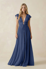 V - Neck A - Line Chiffon Cap Sleeves Bridesmaid Dress in Navy - KISS BRIDAL Bridesmaid Dresses