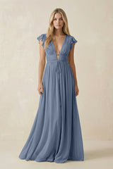 V - Neck A - Line Chiffon Cap Sleeves Bridesmaid Dress in Neptune - KISS BRIDAL Bridesmaid Dresses