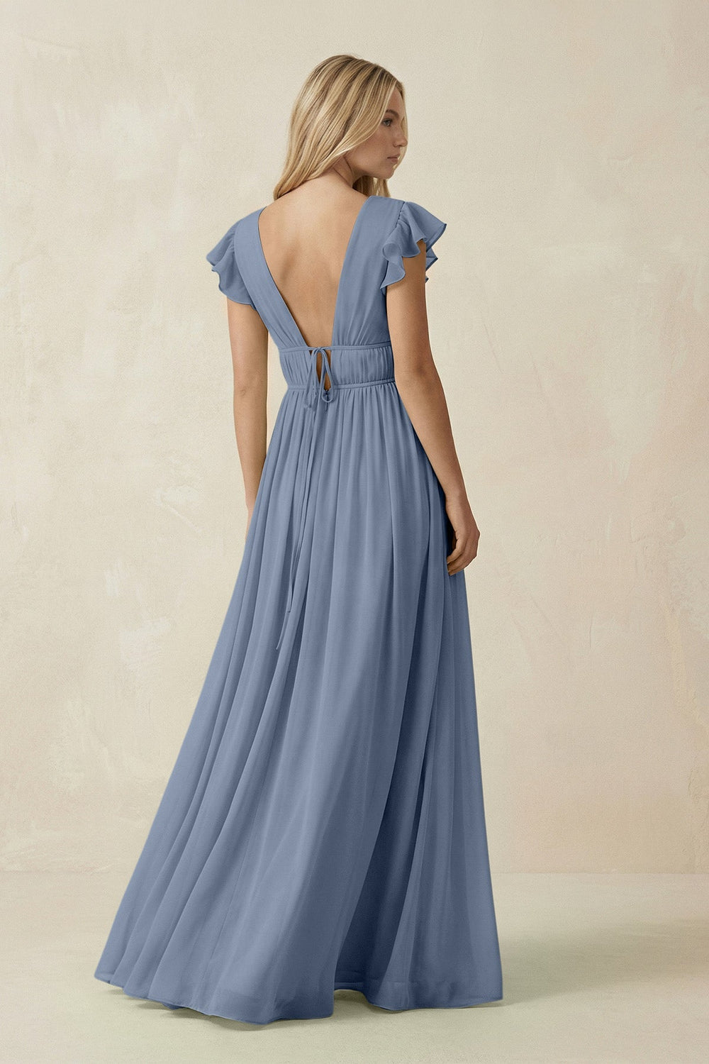 V - Neck A - Line Chiffon Cap Sleeves Bridesmaid Dress in Neptune - KISS BRIDAL Bridesmaid Dresses