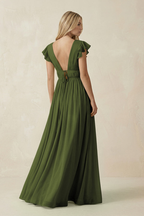 V - Neck A - Line Chiffon Cap Sleeves Bridesmaid Dress in Olive - KISS BRIDAL Bridesmaid Dresses