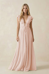 V - Neck A - Line Chiffon Cap Sleeves Bridesmaid Dress in Pale Blush - KISS BRIDAL Bridesmaid Dresses