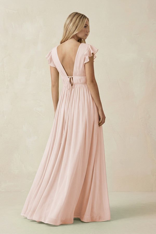 V - Neck A - Line Chiffon Cap Sleeves Bridesmaid Dress in Pale Blush - KISS BRIDAL Bridesmaid Dresses