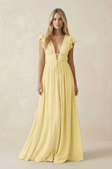 V - Neck A - Line Chiffon Cap Sleeves Bridesmaid Dress in Pastel Yellow - KISS BRIDAL Bridesmaid Dresses
