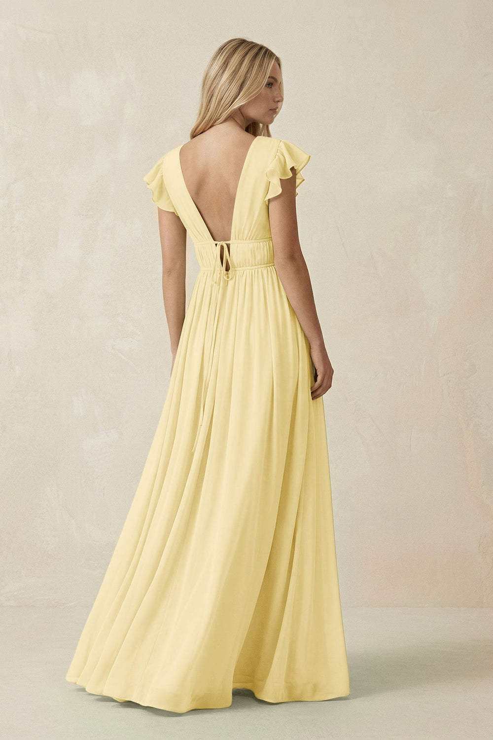 V - Neck A - Line Chiffon Cap Sleeves Bridesmaid Dress in Pastel Yellow - KISS BRIDAL Bridesmaid Dresses
