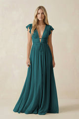 V - Neck A - Line Chiffon Cap Sleeves Bridesmaid Dress in Pine - KISS BRIDAL Bridesmaid Dresses